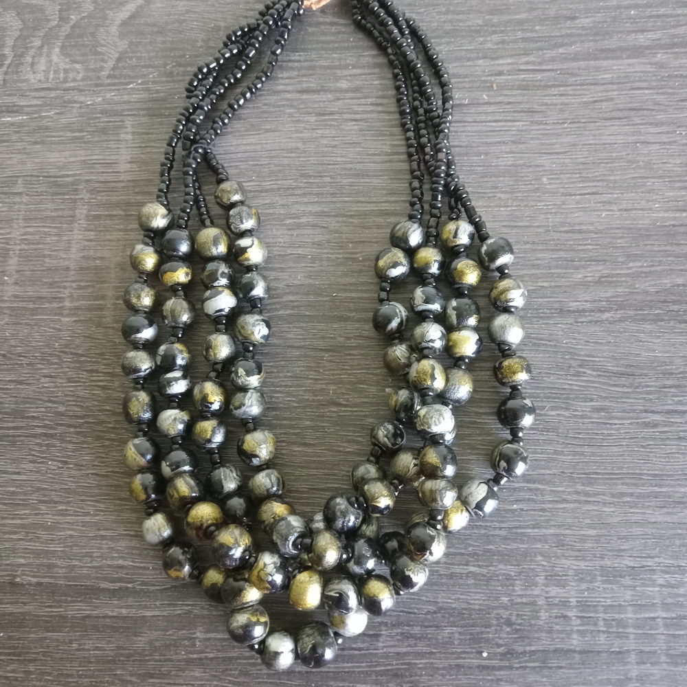 Artisanal Black and Gold Beaded Necklace